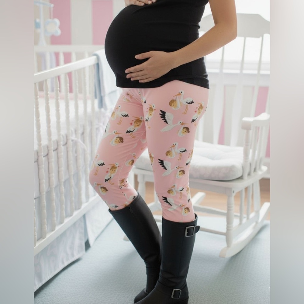 OS/TC NEW Women Pink Stork Leggings, Girl Mom Buttery Soft Yoga Pants, Gift Idea